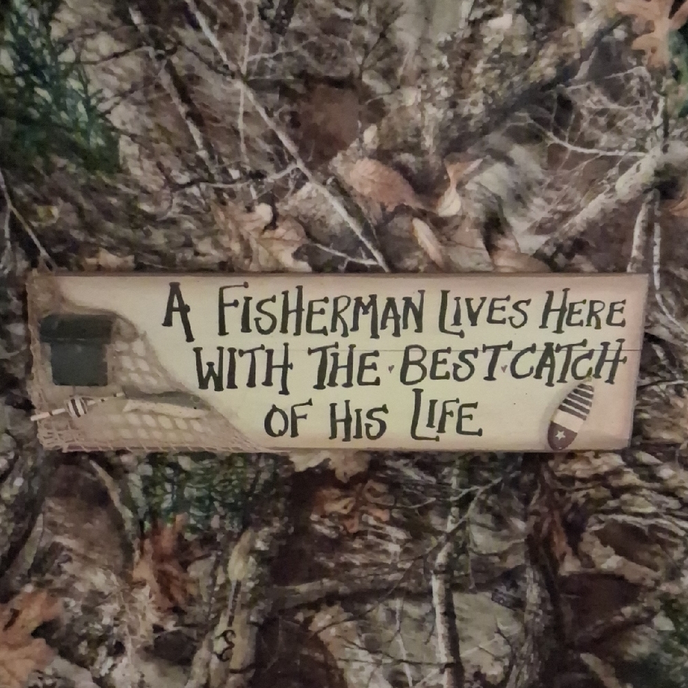 A Fisherman Lives Here Wood Wall Sign - Brown Cream